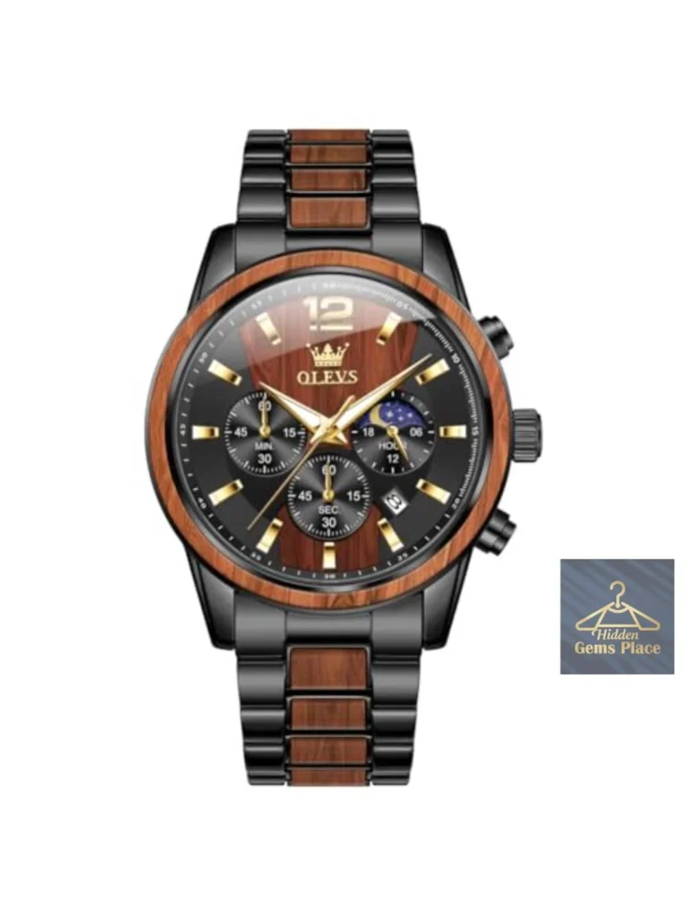 Wooden Men's Dress Chronograph Watch Quartz Analog Stainless Steel Waterproof